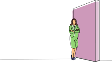 Continuous one line drawing young businesswoman standing and lean against wall, thinking something about new business company. Full length or body. Single line draw design graphic illustration png