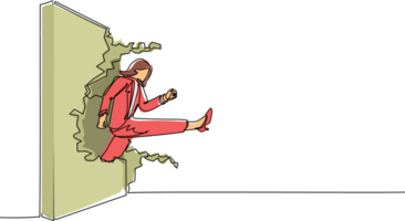 Single one line drawing businesswoman run and breaking through brick wall. Leadership concept. Business concept of obstacle and solution. Modern continuous line draw design graphic illustration png
