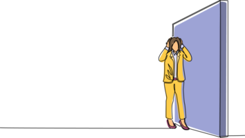 Single continuous line drawing cute businesswoman standing and confused in front of huge brick wall barriers. Scene for wrong business decision, mistake, deadlock. One line draw graphic design png