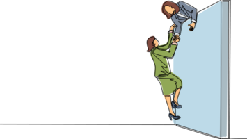 Single continuous line drawing businesswoman helping another businesswoman climb wall. Confident successful leading businesswoman helping another one to get over brick wall. One line design png