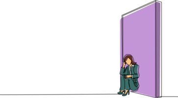 Continuous one line drawing upset businesswoman sitting on floor and lean against the wall. Business concept in failure, sad, lonely, bankruptcy or negative expression. Single line draw design png