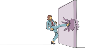 Single continuous line drawing businesswoman doing kung fu or karate kick to destroy brick wall. Business concept of obstacle and solution. Obstruction ruined with force. One line draw design png
