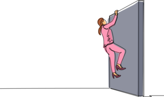 continu un ligne dessin femme d'affaires montée obstacle mur, résoudre le problème. affaires concept, équipe métaphore. réussi chef femme d'affaires. Célibataire ligne dessiner conception graphique illustration png