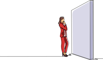 Single continuous line drawing businesswoman thinking in front of big obstacle or wall. Abstract representing risk management. Finding solution and problem solving concept. One line draw design png