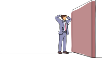 Single continuous line drawing businessman standing and confused in front of huge brick wall barriers. Scene for wrong business decision, mistake, deadlock. One line draw design illustration png
