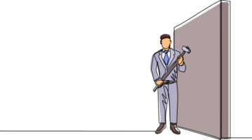 Single one line drawing businessman standing and holding big hammer while facing the wall. Goal achievement, business strategy. Successful overcoming of problems. Continuous line draw design png