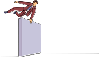 Single one line drawing businessman jumps over wall, outside comfort zone to get new experience, fun and excited. Life begins when trying different things. Continuous line draw design graphic png