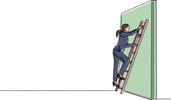 doorlopend een lijn tekening zakenvrouw beklimming omhoog de muur met ladder. bedrijf hindernis metafoor. symbool voor carrière groei, vinden creatief oplossing. single lijn trek ontwerp illustratie png