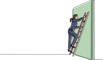 Continuous one line drawing businesswoman climbing up the wall with ladder. Business obstacle metaphor. Symbol for career growth, finding creative solution. Single line draw design illustration png