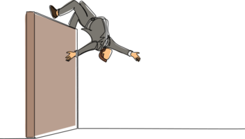 Single one line drawing businessman jumping over brick wall with acrobatic over head style to achieve his goal. Businessman jumping over the wall of barriers. Modern continuous line draw design png