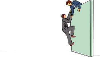 Continuous one line drawing businessman helping another businessman climb wall. Confident successful leading businessman helping another one to get over brick wall. Single line draw design png