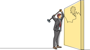 Célibataire continu ligne dessin homme d'affaire pauses et frappe mur avec marteau. réussite façon pour succès. percée à but. direction dans entreprise. fort personnes. un ligne dessiner conception png