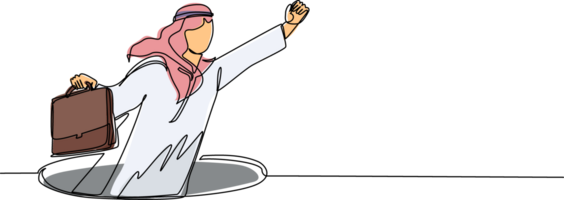 Single kontinuierlich Linie Zeichnung fliegend arabisch Geschäftsmann mit Flügel und Aktentasche Kommen aus von Löcher. Mann führen finanziell steigend von Loch. Geschäft Wachstum Konzept. einer Linie zeichnen Grafik Design png