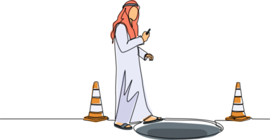 Single one line drawing Arab businessman character going on street watching by smart phone and did not see open manhole. Man walks to business trap. Continuous line design graphic illustration png