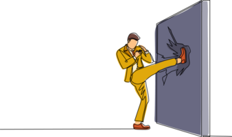 single doorlopend lijn tekening zakenman aan het doen kung fu of karate trap naar vernietigen de steen muur. bedrijf concept van hindernis en oplossing. obstructie geruïneerd met kracht. een lijn trek ontwerp png