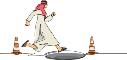 Single one line drawing blindfolded Arabian businessman running to find money with pit hole. Man runs to business trap. Blind investment concept. Metaphor. Continuous line draw design graphic png