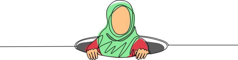 Single kontinuierlich Linie Zeichnung arabisch Geschäftsfrau versuchen zu erhalten aus von von Loch, Metapher zu gegenüber groß Problem. Geschäft kämpft. Stärke zum Erfolg. einer Linie zeichnen Design Illustration png