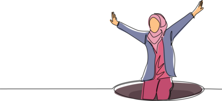 Célibataire continu ligne dessin arabe femme d'affaires est tombée dans regard souterrain égout. femme est tombée égout éclore. déprimé et affaires échec concept. métaphore. défaite. un ligne dessiner conception png