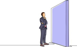 Single one line drawing businessman thinking in front of big obstacle or wall. Abstract representing risk management. Finding solution and problem solving concept. Continuous line draw design png