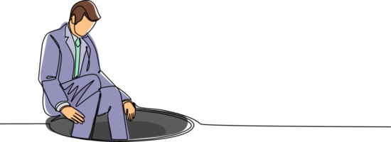 Single one line drawing businessman descends into the hole. Concept of failure to take advantage of business opportunities. Depressed and business failure concept. Continuous line draw design png