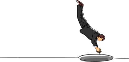 Single continuous line drawing businessman jump into hole. Concept of failure to take advantage of business opportunities. Depressed and business failure concept. One line draw graphic design png