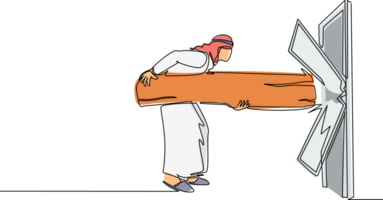 Continuous one line drawing Arab businessman holding large log and destroying door. Overcome challenges, and destroying obstacle with power and brute force. Single line draw design illustration png