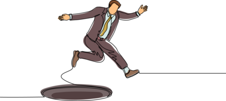 Single continuous line drawing businessman jumping through the hole, metaphor to facing big problem. Business struggles. Strength for success. Dynamic one line draw graphic design illustration png