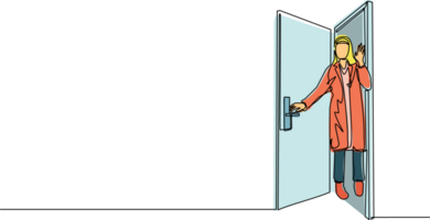 Single kontinuierlich Linie Zeichnung arabisch Geschäftsfrau suchen von hinter öffnen Tür. Frau spähen von Tür und Welle Hände. heiter weiblich Stehen im Tür. dynamisch einer Linie zeichnen Grafik Design png