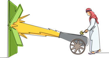 doorlopend een lijn tekening Arabisch zakenman ontsteekt kanon in voorkant van deur en vernietigen deur. elimineren barrière van inzendingen, vernietigen obstakels met bruut kracht. single lijn trek ontwerp png