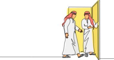 Single continuous line drawing Arab businessman at door welcomes his friend in. Man is inviting his friend to get into his house. Hospitality concept. One line draw graphic design illustration png