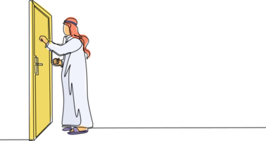 Single continuous line drawing Arab businessman knocking at door. Man standing at entrance of room knocking door. Male in traditional clothes is knocking at door. One line draw graphic design png