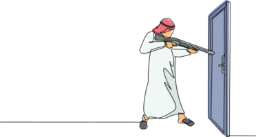 Single one line drawing Arabic businessman pointing shotgun at doorknob. Business breakthrough struggle. The power to succeed. Open closed door. Continuous line draw design graphic illustration png