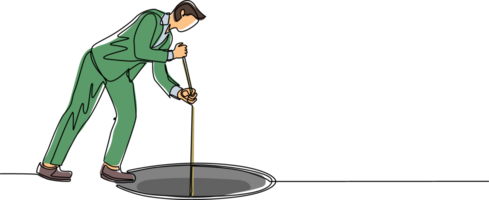 Continuous one line drawing businessman stretch out rope into hole. Man wondering and looking at the big hole, business concept in opportunity, exploration or challenge. Single line draw design png