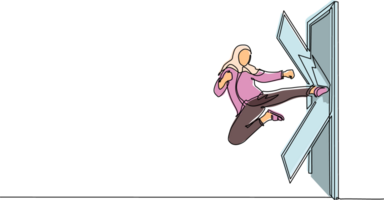 Single continuous line drawing Arab businesswoman kicks the door with flying kick until door shattered. Woman kicking locked door. Business concept of overcoming obstacles. One line draw design png