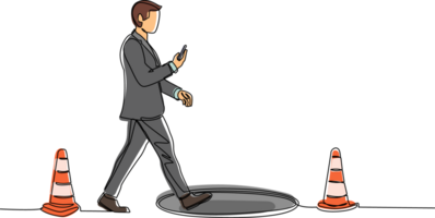 Single one line drawing businessman character going on street watching by smart phone and did not see open manhole. Man walks to business rap. Continuous line draw design graphic illustration png