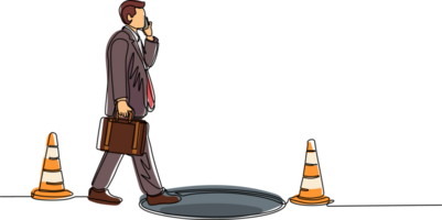 Single one line drawing businessman talking on cell phone and he does not see the hole in front. Man walks to business trap. Metaphor. Modern continuous line draw design graphic illustration png