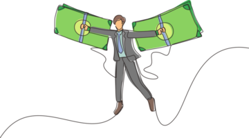 Single continuous line drawing businessman flying on money wings. Concept of financial freedom, depicting man flying on wings made of currency bills. One line draw graphic design illustration png