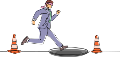 Continuous one line drawing blindfolded businessman running to find money with pit hole. Man runs to business trap. Blind investment concept. Metaphor. Single line design graphic illustration png