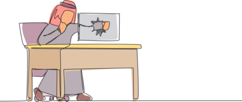 Single continuous line drawing angry Arab businessman breaks his laptop computer hitting it with clenched fist sitting at desk. Frustrated man worker punching hole in pc screen. One line design png