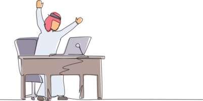 Continuous one line drawing winning online working technology concept. Arabic businessman stands in office with hand raised opposite computer screen celebrating success. Single line draw design png