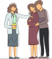 Continuous one line drawing prenatal medicine. Cute pregnant woman with husband and female doctor. Medical worker in uniform. Consultation, recommendations of physician. Single line draw design png