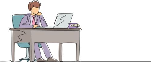 Single continuous line drawing businessman writing sitting in front of laptop at table. Young male studying and writing in notebook, at desk in front of computer. One line draw graphic design png