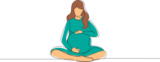 continu un ligne dessin content Jeune Enceinte femme séance avec franchi jambes à Accueil et à la recherche à sa ventre. futur maman attendant bébé caressant sa ventre. Célibataire ligne dessiner conception graphique png