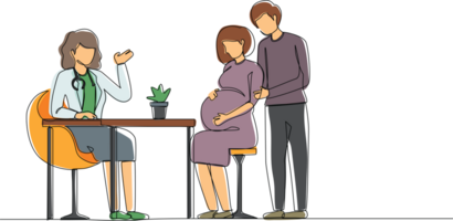 Single one line drawing family expecting child visiting doctor isolated on white background. Physician consulting pregnant woman with husband. Continuous line draw design graphic illustration png