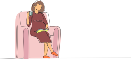 solteiro contínuo linha desenhando grávida jovem mulher sentado em sofá, lendo livro e bebendo chá. acolhedor tarde com quente bebida. lado de fora a inverno. 1 linha desenhar gráfico Projeto ilustração png