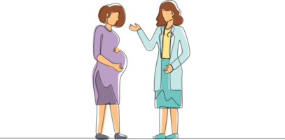enda ett linje teckning söt gravid kvinna på läkares utnämning. kvinna förväntar sig bebis besök läkares kontor, undersökning under graviditet. kontinuerlig linje dra design grafisk illustration png