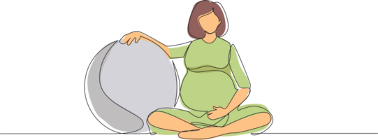 Single continuous line drawing beautiful pregnant woman exercising at home with pilates ball. Pregnant girl in sports suit with fitball. Healthy pregnancy. One line graphic design illustration png