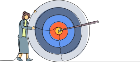 single doorlopend lijn tekening zakenvrouw knuffels en staat De volgende naar cirkel van doelwit, pijl dat raken doelwit Rechtsaf in midden, analyseren resultaat van prestatie binnen bedrijf. een lijn trek ontwerp png