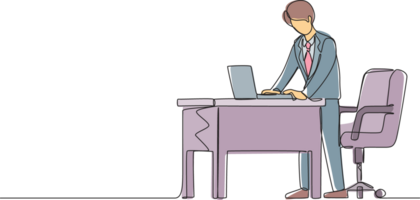 Single one line drawing man employee working at ergonomic workstation. Office furniture with computer and laptop. Male standing on foot rest behind desk. Continuous line draw design graphic png