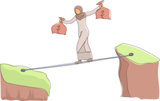 Continuous one line drawing Arab businesswoman walk over cliff gap mountain carry two money bag risking dangerous. Female walking balance on rope bridge. Single line design graphic illustration png